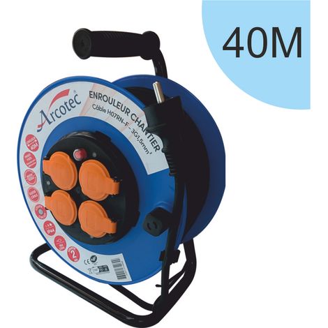 Enrouleur PRO de chantier 3G1.5 40m IP44 platine fixe (anti twist) - câble H07RN-F- 4 prises 16A - garantie 2 ans