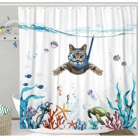 Shower Curtain 180 x 180 cm Diving Cat Ocean Print Waterproof Bath Curtain Washable Anti Quick Dry Polyester Fabric Bathroom Accessory with 12 Hooks (1/4)