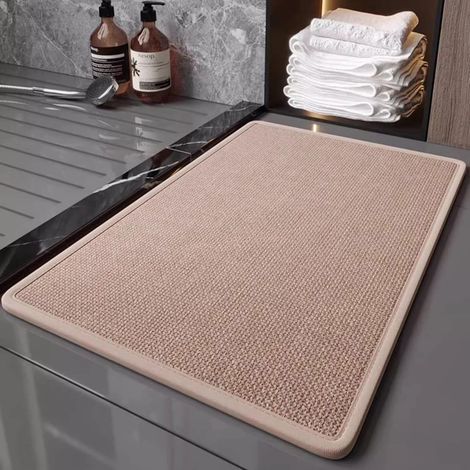 Tapis de Douche en Lin Brun 40x120cm, Texture Tissée Antidérapante, Ultra-Absorbant, Séchage Rapide, Bordure Lin, Lavable en Machine, Finition Premium (1/5)