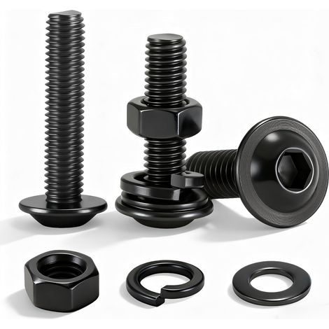 Packung mit 20 schwarzen M6 x 35 mm Edelstahl-Linsenkopfschrauben inklusive Muttern, Unterlegscheiben und Sicherungsscheiben – 304 Edelstahl-Innensechskantschrauben-Set für Möbel und Bettgestelle (1/5)
