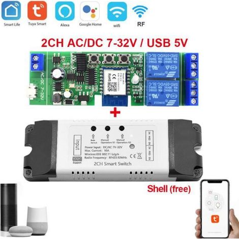 Controleur Porte Garage - Wifi 2.4 GHz - 2 Canaux Relais - Compatible Alexa Google Home - Pour Ouverture Fermeture Distance - 1 Piece