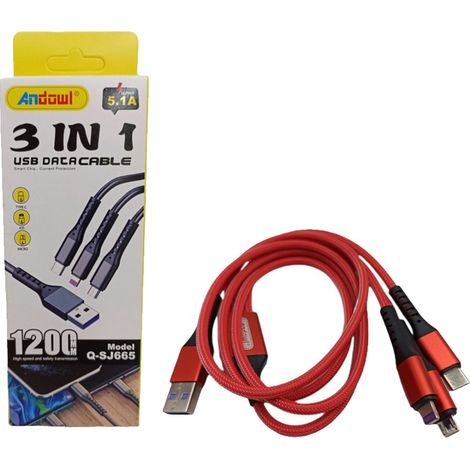 3in1 Câble De Données Chargement Rapide 5.1a De Usb à Micro Usb Type-c Lightning De 1,2mt Q-sj665