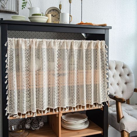 Rideau Frange - 150 x 45 cm - Poche Pour Tringle - Coton Lin - Beige - Pour Cuisine Salle De Bain Sous-Sol Fenêtre Petite (1/5)