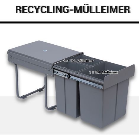 Poubelle de tri sélective 3 bacs avec glissières intégrées, lot de 3 conteneurs à déchets, grise
