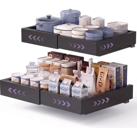 Set of 2 Telescopic Sliding Drawers – Extendable Cupboard Organizer Width: 29-48 cm, Depth: 41.5-55 cm – Metal Storage Basket for Kitchen (1/5)