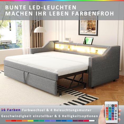 Canapé-litatelier convertible 90/180x190cm, coffre de rangement intégré, lumière LED et port USB, sommier à lattes, tissu gris clair, lit d'appoint avec matelas. (1/5)