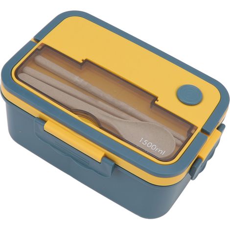 Boîte à lunch de 1500 ml en plastique résistant à la chaleur, type bento, avec baguettes et cuillère, idéale pour les étudiants (bleu). (1/5)