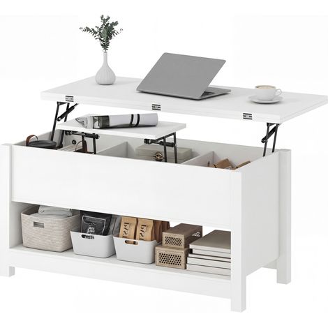 Table basse relevable et extensible avec compartiments dissimulés et étagère ouverte, 100 x 90 x 64 cm, blanche (1/5)