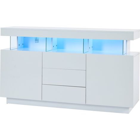 Credenza moderna bianca lucida 140 x 35 x 80 cm con LED RGB 16 colori e 3 cassetti MODENUIT (1/5)