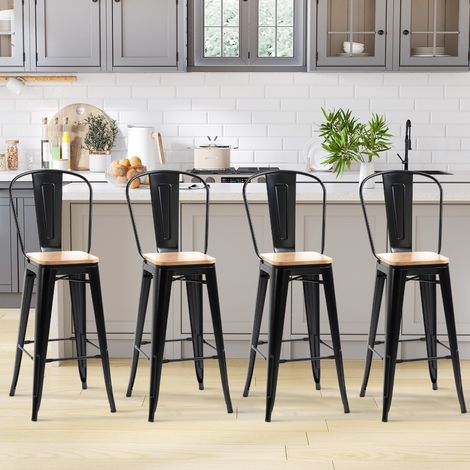 Lot de 4 tabourets de Bar Industriel avec Dossier Repose-Pied Hauteur Assise 76 cm métal Panneaux Multicouches Imitation Bois Clair noir