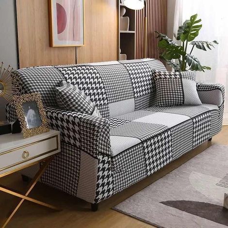 Housse de Canapé 2 Place 140-180cm Couverture Canapé avec Accoudoirs Moderne Couvre Canapé Elastique Universelle Revêtement de Canapé Housse de Protection Plaid noir et blanc (1/4)