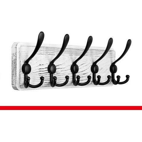 Porte Manteau Mural Bois Blanc, Le Style Rustique 44cm Longue avec 5 Crochets (1/3)