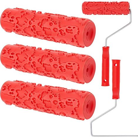 Rouleau à Peinture Texturé en Relief 4 pièce Rouleau à Pâtisserie en Caoutchouc et Plastique avec Cadre Outil de Création de Motifs Décoratifs à Faire Soi Même Rouge 320x185x45mm (1/3)