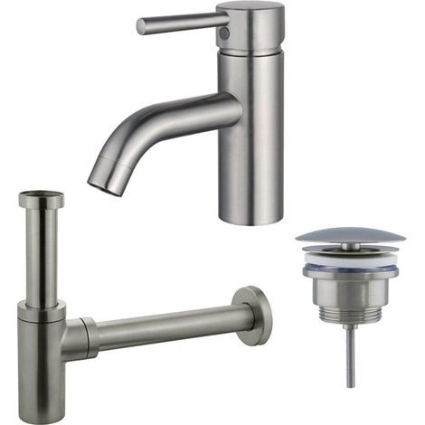 Fortifura Calvi Kit mitigeur lavabo - robinet bas - bonde nonobturable - siphon design - PVD Inox brossé