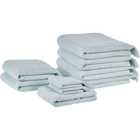 Set di 9 asciugamani bagno in spugna di cotone verde menta con nappe decorative Atiu (1/5)
