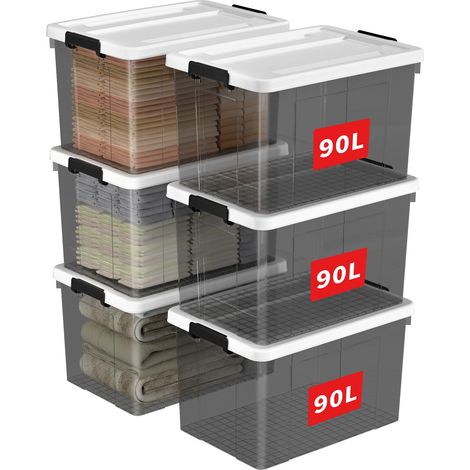 90L6 Boîte de Rangement, Bac de rangement avec Poignée, Plastique Organisateur avec Couvercle, Empilable, Transportable, pour Vêtements, Bureau, Dortoirs, Transparent Noir, 90L - Lot de 6 (1/5)