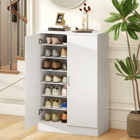 Meuble à chaussures à 2 portes, 6 étagères réglables, charnières à fermeture douce, pour 21 paires de chaussures, blanc (1/5)