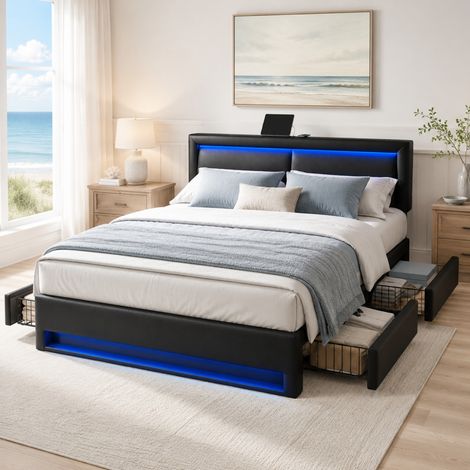 Cama doble 140x200 cm de PU negro con almacenaje, para dormitorio, sin colchón FloraGrace (1/5)