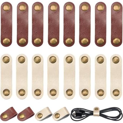 30 Serre Câbles en Cuir de Vache Véritable Sangles Rangement pour Cordons USB Multifonctions et Réutilisables avec Bouton Pression Voyage Maison Bureau Téléphone (Blanc) Marron Brownwhite - (1/5)