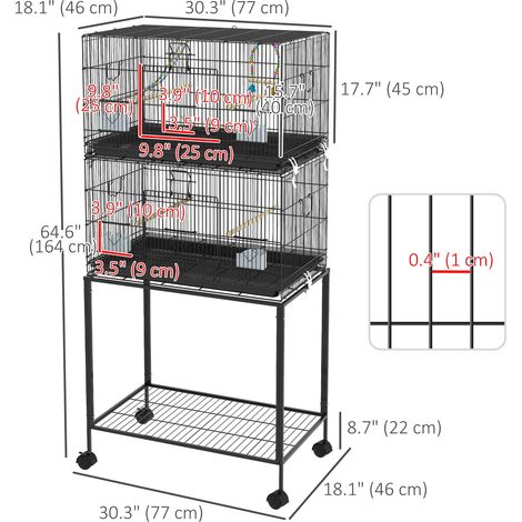 Cage à oiseaux noire de 165 cm avec roulettes pour canaris, inséparables, pinsons, perruches ondulées - Volière à plusieurs niveaux avec mangeoire intégrée (1/5)