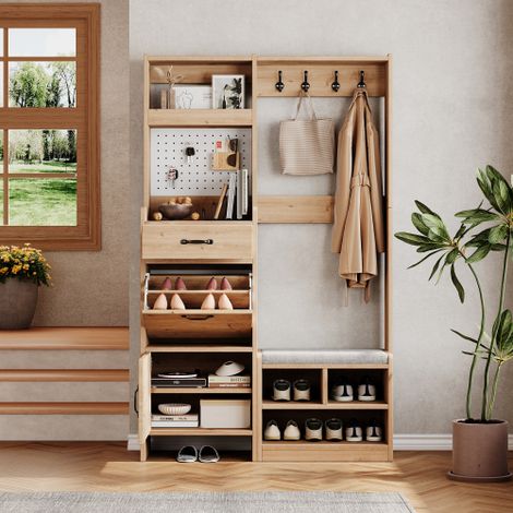 Set armadio, armadio a muro, set armadio da ingresso con panca porta scarpe, set armadio con 4 appendiabiti, 1 cassetto e 2 ante, naturale, L108,5 x P35 x H180 cm (1/5)