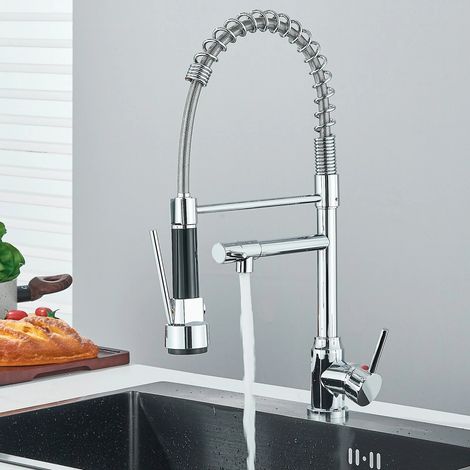 1 robinet d'évier de cuisine en acier inoxydable, mitigeur d'évier à poignée unique pivotant à 360 degrés, robinet à double bec, bec rétractable (1/5)