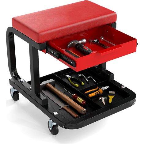 COSTWAY Sgabello da Officina con Ruote, Sedia Meccanico Imbottita con Cassetto e Vassoio Portautensili, capacità di 185 kg, per Riparazione Auto, per Garage e Officina (Rosso) (1/5)