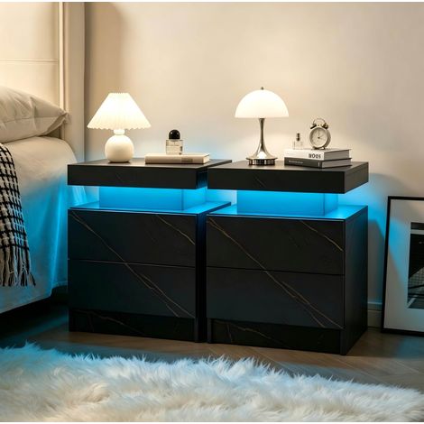 Lot de 2 tables de chevet LED noires et dorées en panneau de particules avec 2 tiroirs (1/5)