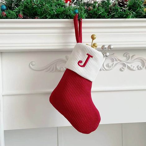 Chaussette De Noël - Tricotée En Laine - Lettre Brodée Personnalisable - Pour Cheminée Arbre De Noël - 1 Pièce (1/5)