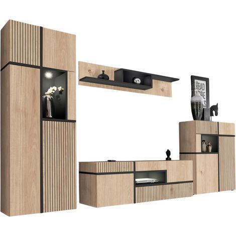 Set completo salotto CRISS – Mobile TV, Buffet alto, Vetrina, Mensola da parete – Rovere chiaro e nero con LED