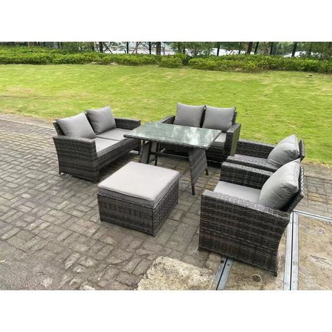 Fimous 7 Seater Outdoor Dark Grey Mixed High Back Rattan Sofa Dining Table Set Garden Furniture Love Sofa Arm Chair (1/5)
