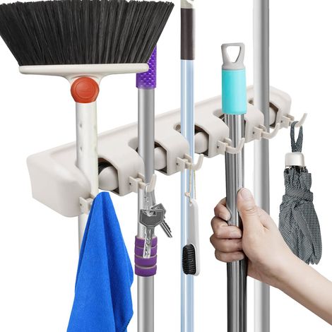 Broom Mop Holder with 5 Position 6 Hooks Wall Mounted Tools Organizer Storage Rack for Brush Mop Broom Tool Storage Multipurpose Plastic Brush Holder for Bathroom Kitchen Garden Garage (1/5)