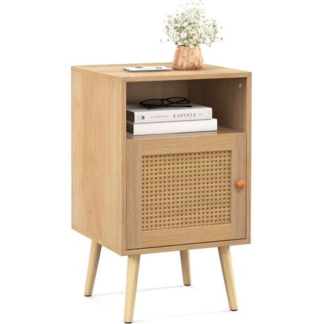 Rattan bedside table with storage space, open shelf and door, farmhouse style side table, natural (1/5)