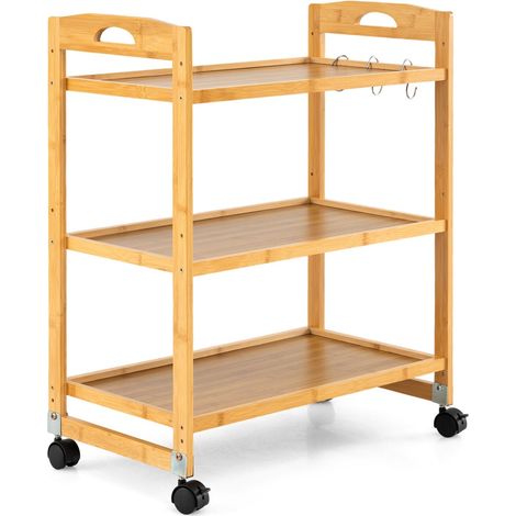 3-Tier Bamboo Rolling Cart with Adjustable Shelves