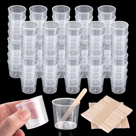 80 vasos medidores de plástico (30 ml), 100 agitadores de madera para resina. (1/5)
