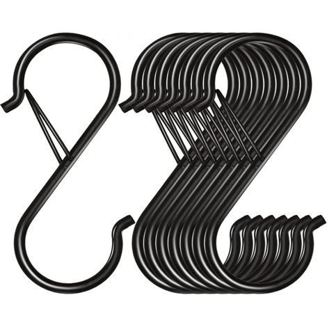Lot de 8 crochets en forme de S en métal avec système anti-chute pour suspendre des plantes, des pots et des tasses, accrocher des sacs et des vêtements, 9 x 4 cm Noir (1/5)