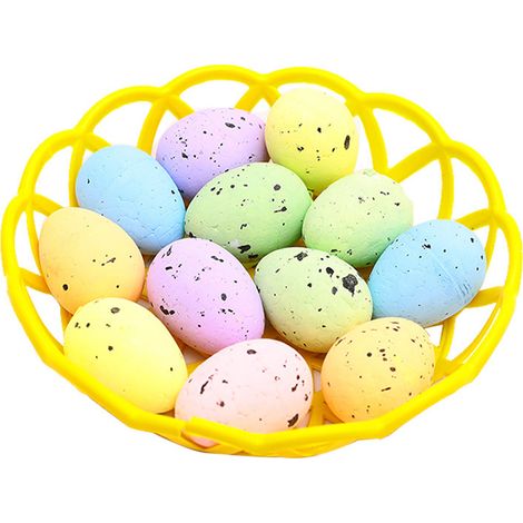 Style 8 : Panier + 12 œufs de Pâques en mousse, œufs factices de style dessin animé/panier - Plastique, œufs - Mousse/panier - Diamètre 15 cm, diamètre des œufs 2,8 cm, hauteur 3,8 cm / (15154, 40) (1/2)