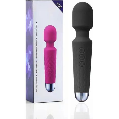 Bâton de massage vibrant en silicone noir pour adultes, imperméable, rechargeable, 20 vitesses, doux et électrique (1/5)