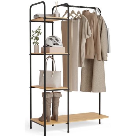 Newlux -Appendiabiti da Terra Resistente Fino a 35kg Hangy Wood 400 con Scarpiera. Attaccapanni da Terra Metallico con Grande Stabilità Facile Montaggio Include 4 ripiani (492x42x150cm) Nero