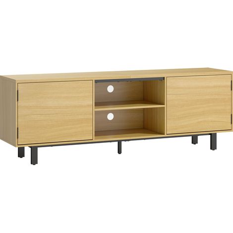 Meuble TV 65 pouces, buffet télé avec 2 portes push-lock et 2 étagères, 160x35x55,5 cm, bois naturel massif (1/5)