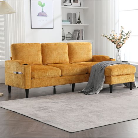 Sofá 4 plazas con puf almacenaje chenilla amarillo OKMYHOME (1/5)