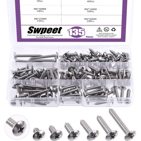 Assortiment de 135 vis autotaraudeuses cruciformes à tête bombée cruciforme en acier inoxydable 304 3 0,5 x 1,3 cm à 2,5-1,5 cm - Assortiment de vis à bois pour tôle, bois, plastique PVC (1/5)