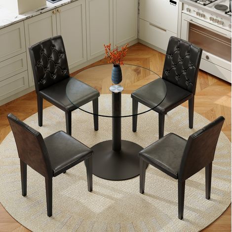 Ensemble table ronde en verre trempé 85 cm avec 4 chaises PU noires, noir (1/5)