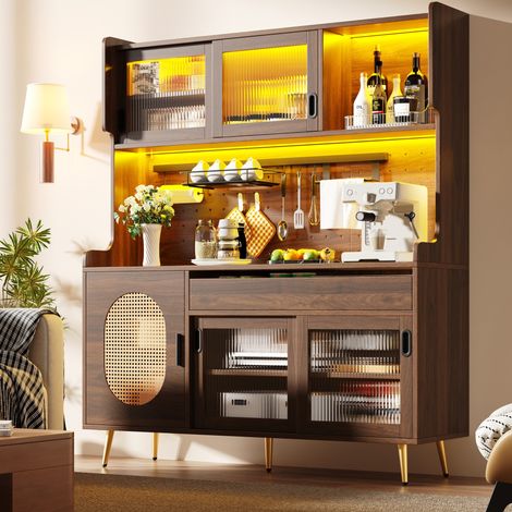 Anrichte MDF braun 145x39x171 cm mit LED-Lichtleiste, Schubladen, Schränken, Lochplatte und Anti-Kipp-Sicherung (1/5)