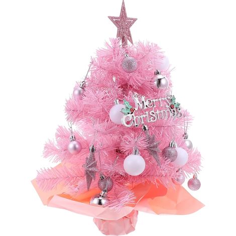 Mini Sapin de Noël Pré-illuminé de Sapin de Noël Miniature de Table Rose avec Boules Lumineuses pour Petits Espaces (1/5)