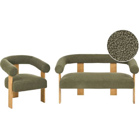 Set da salotto divano a 2 posti poltrona imbottita bouclé verde e marrone chiaro Ilbro