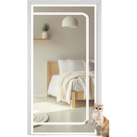 Porte moustiquaire renforcée pour chat,Résistante aux animaux domestiques,Avec fermeture éclair,Empêche les chiens et les chats de sortir de la maison,Blanc (convient aux portes de 90x210 cm)