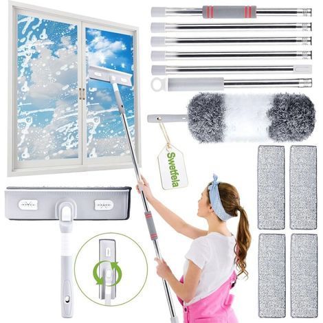 4 en 1 Raclette Vitre Professionnel Longueur Jusqu'à 275 cm. Nettoyage Vitre avec 4 Chiffons Microfibres. 1 Plumeau. Lave Vitre Telescopique. Raclette Vitre pour Vitres Hautes Intérieur et Extérieur (1/5)