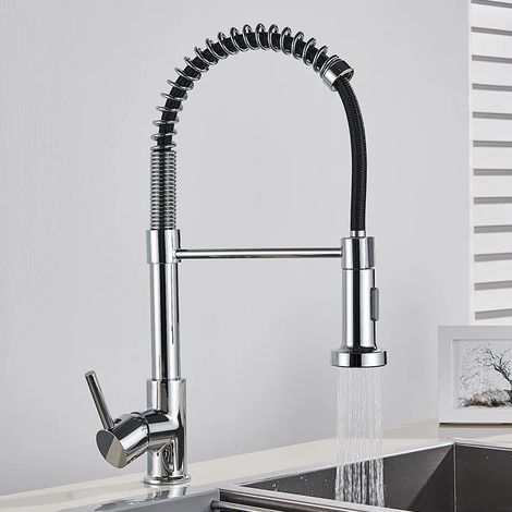 Robinet de cuisine chromé doré brossé, douchette extractible à 2 jets, mitigeur eau chaude/froide à poignée unique, rotation à 360°. (1/5)