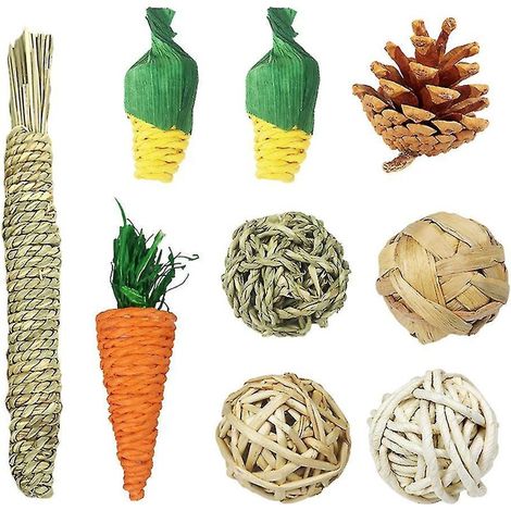 Lot de 9 boules de foin naturelles tissées à mâcher pour lapins et petits animaux de compagnie, accessoire pour cage. (1/4)